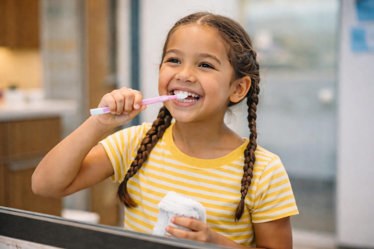 Happy girl brushing her teeth