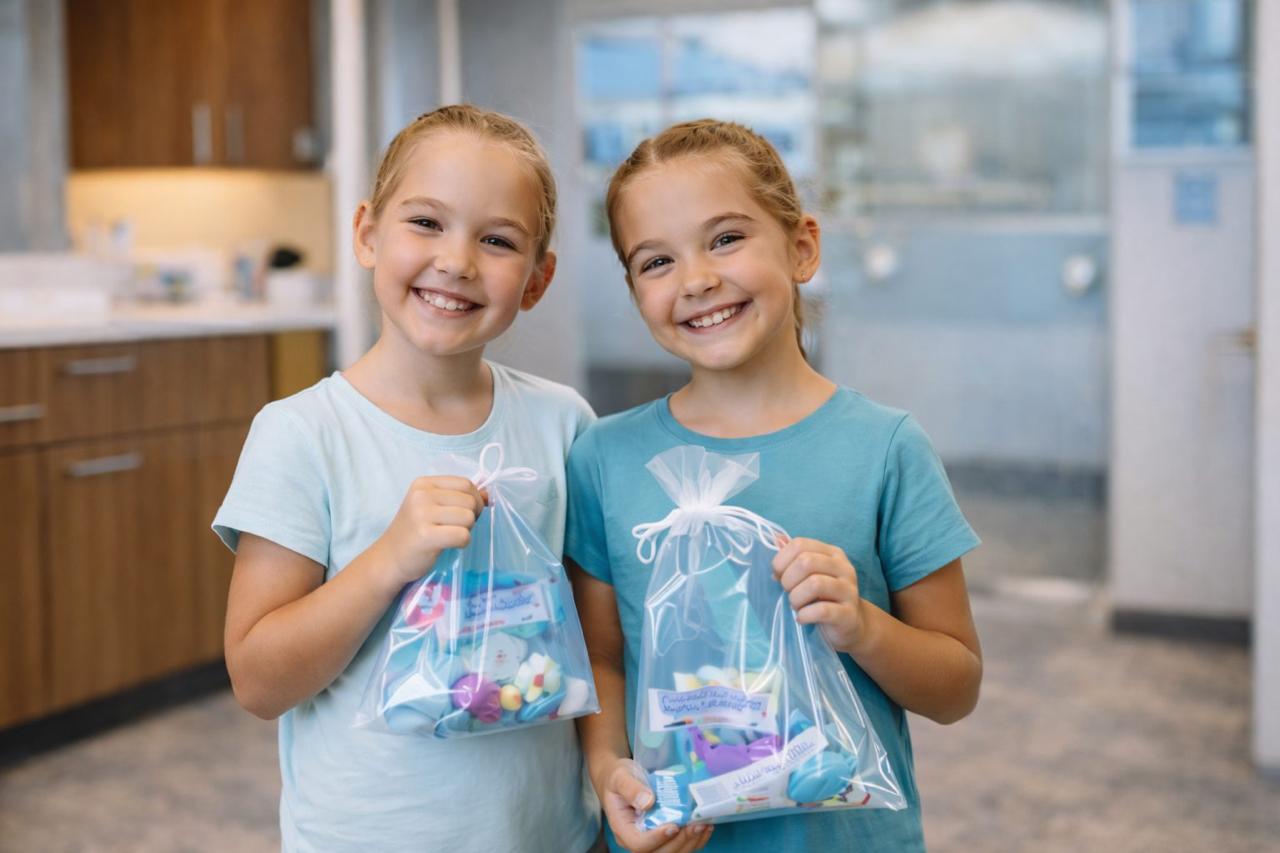 Happy sisters with goody bags