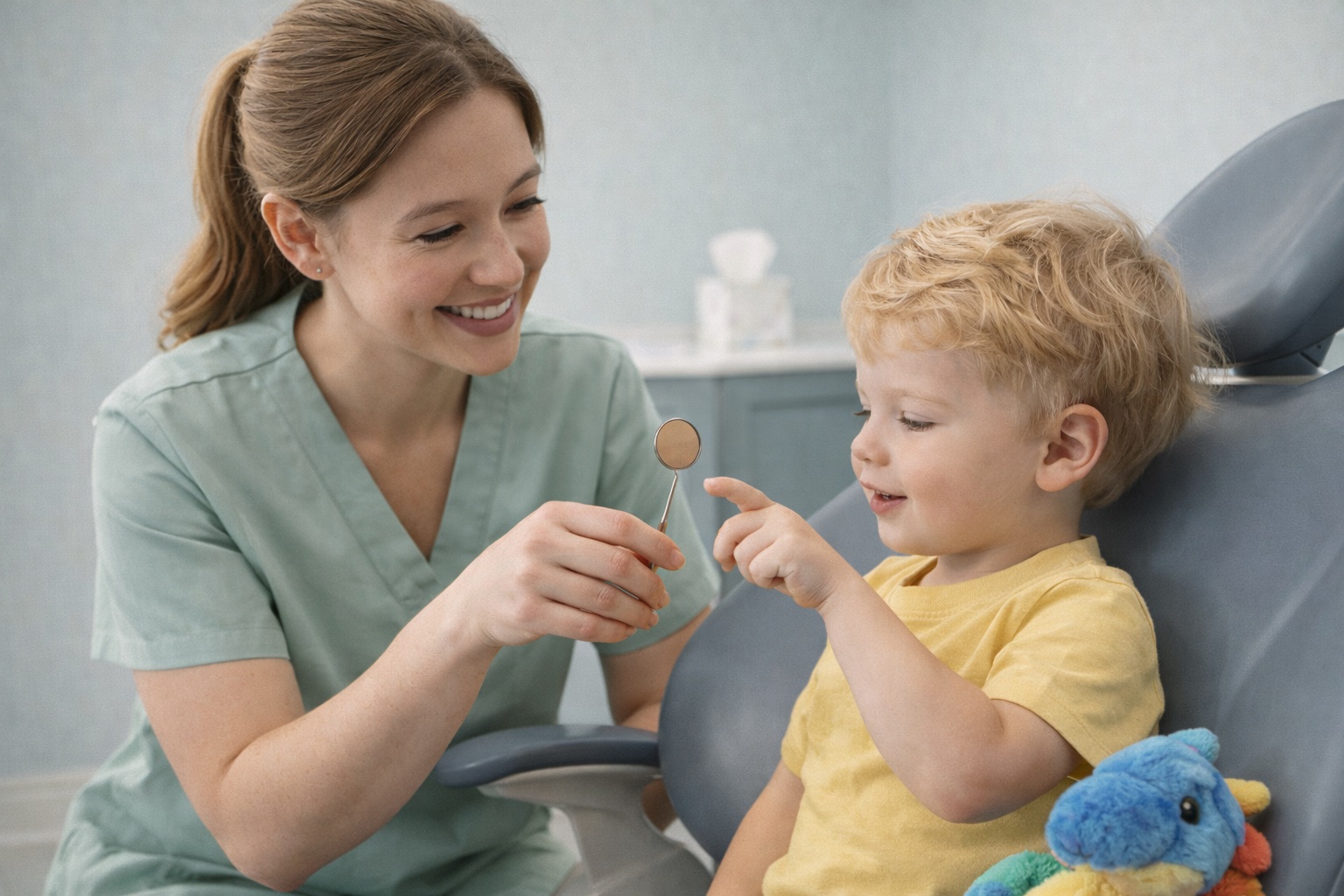 Caring dentist with young patient